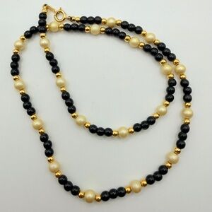 Vintage Trifari Danity Faux Pearl Black Lucite Gold Tone Necklace
